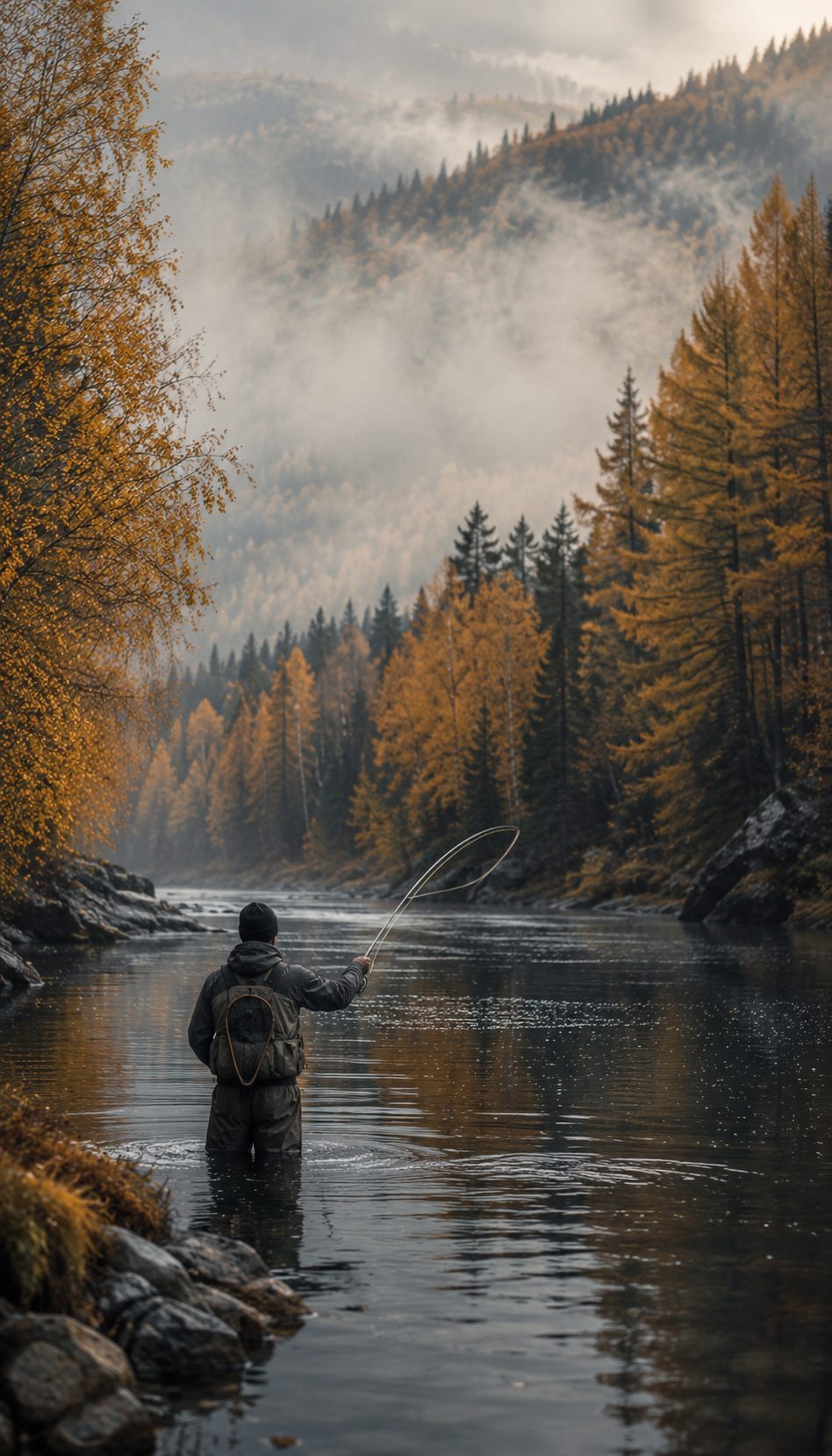 A wilderness northern river through autumn birch forest