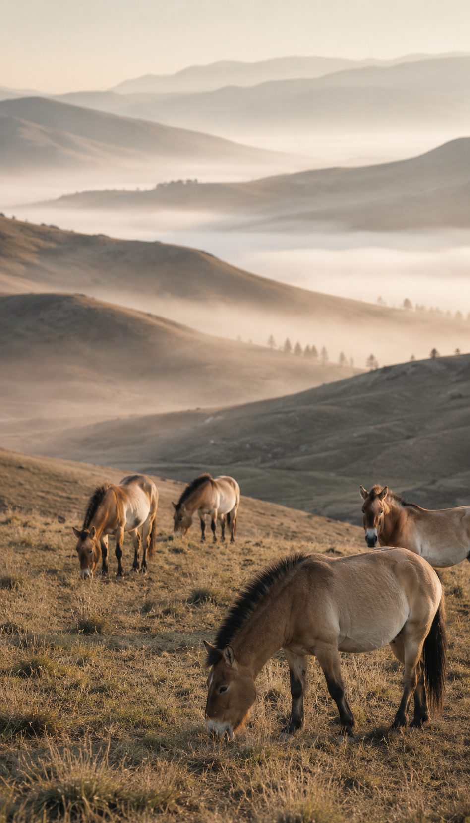 Wild Przewalski's horses grazing the Hustai grassland