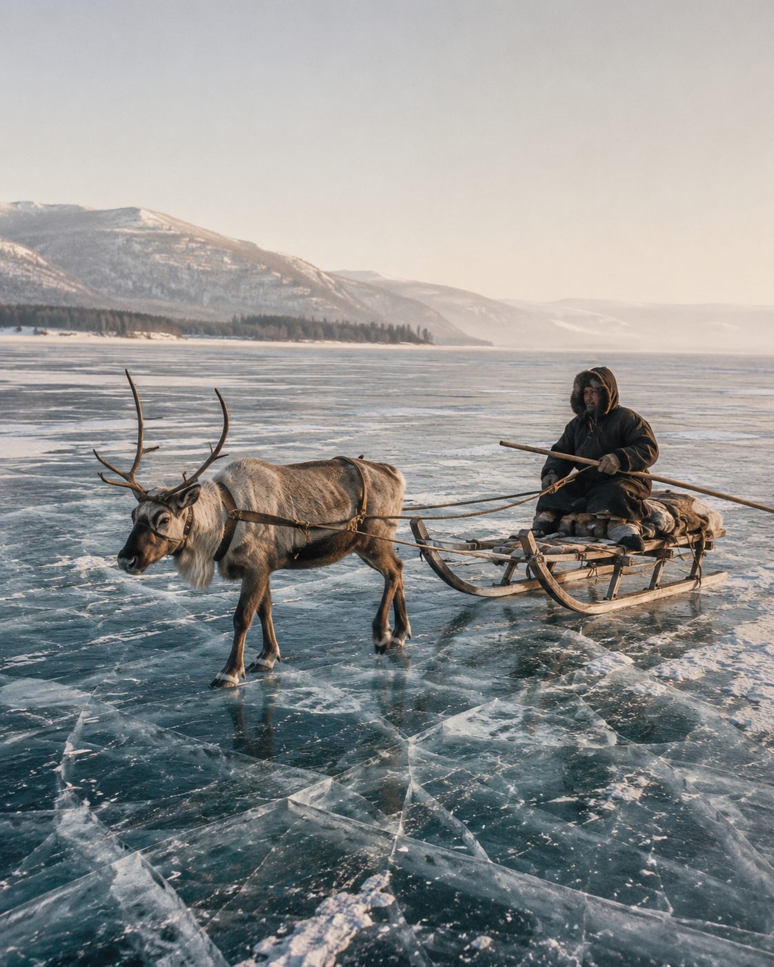The frozen white steppe of Mongolia in deep winter