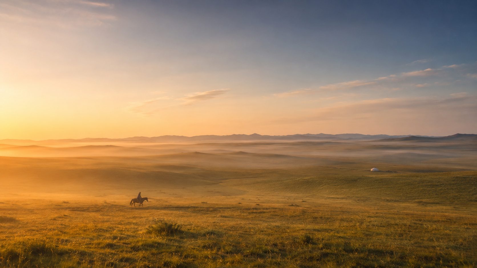 A lone horseman crossing the Mongolian steppe at sunrise, mist pooling in the valleys and a distant ger beneath a vast golden sky