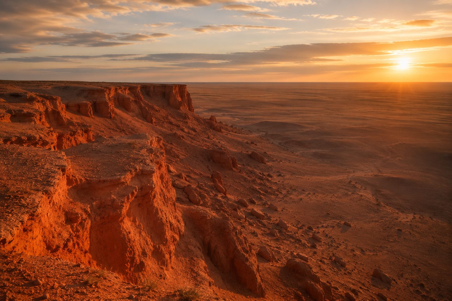 The Flaming Cliffs of the Gobi glowing at sunset