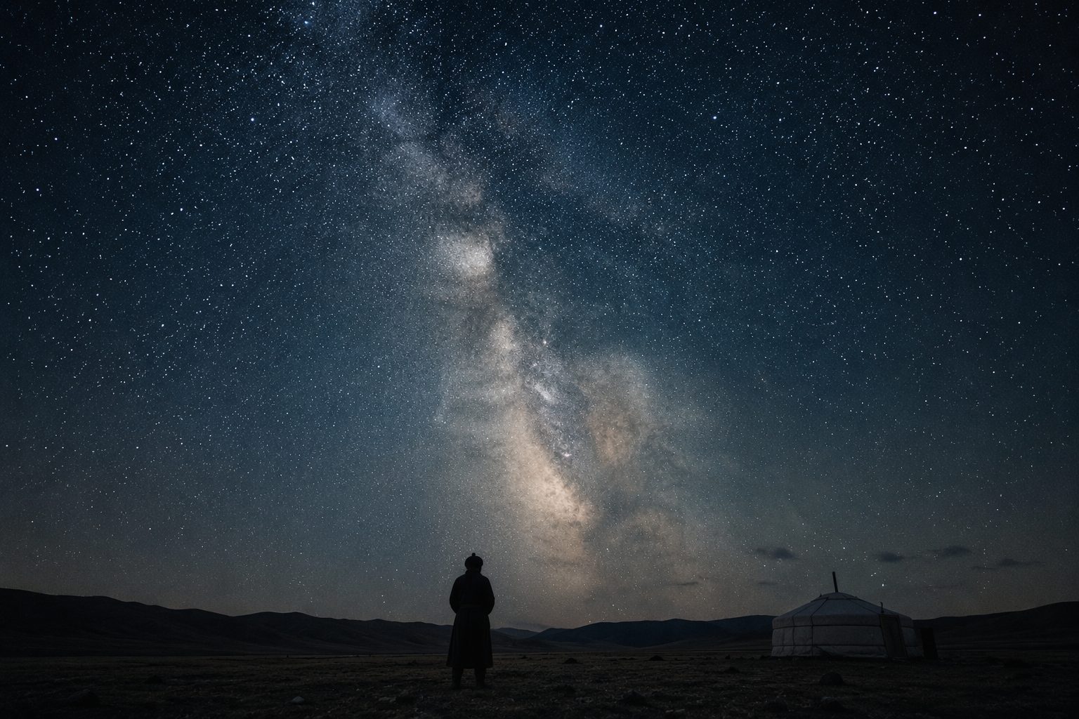 A star-filled night sky over the dark Mongolian steppe