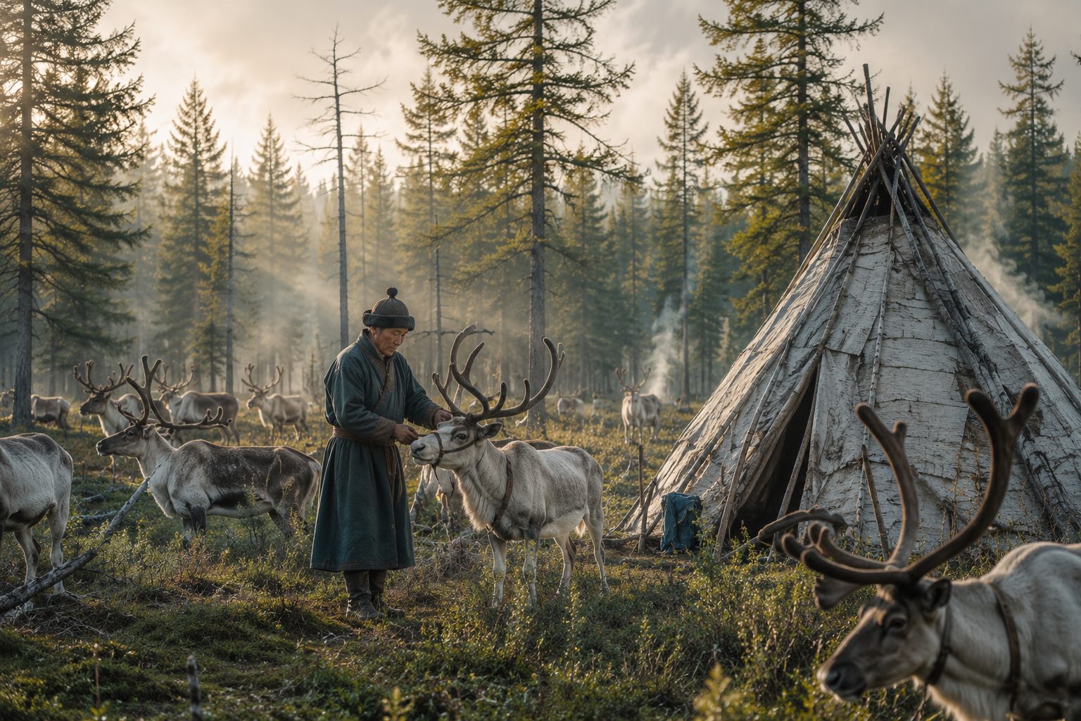 A birch-bark tipi among reindeer in the northern taiga